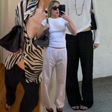 collage of Angela Fink wearing easy summer pants