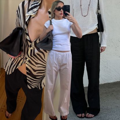 collage of Angela Fink wearing easy summer pants