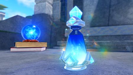 A blue bottle of potion brewed in Wizard Alchemy