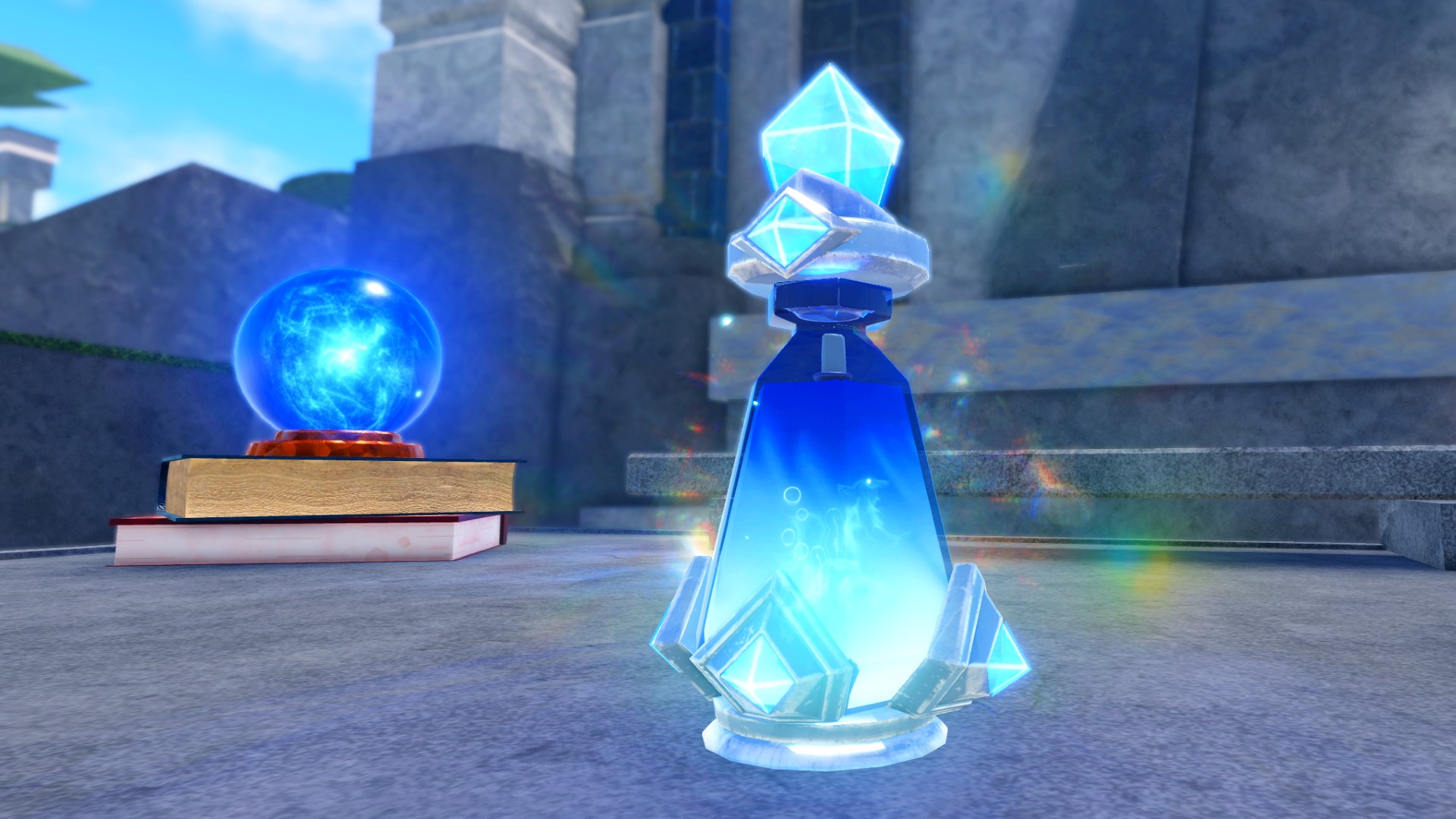 A blue bottle of potion brewed in Wizard Alchemy