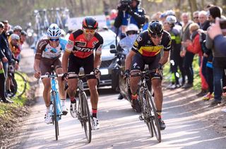 Oliver Naesen, Greg Van Avermaet and Philippe Gilbert in the late breakaway at the 2017 E3 Harelbeke