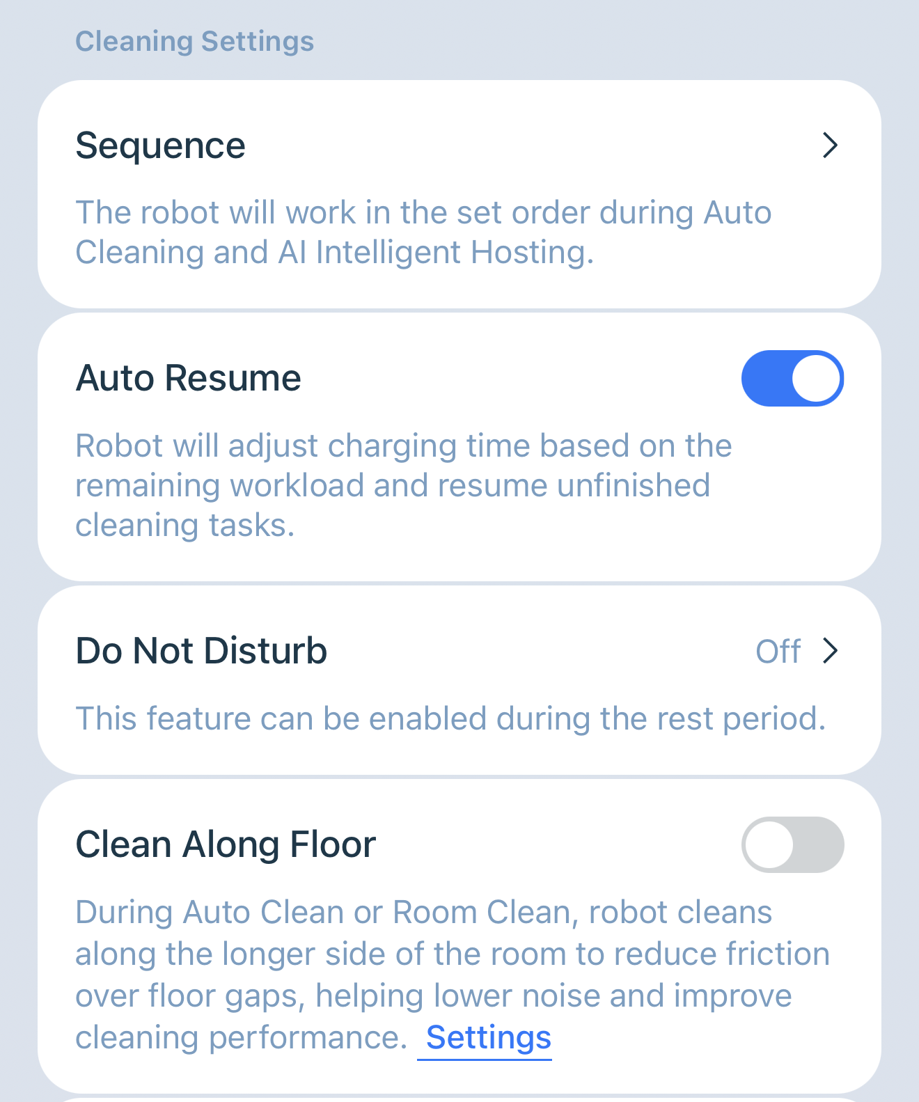 Ecovacs Home app showing advanced cleaning preferences including cleaning sequence, Auto Resume, Do Not Disturb and Clean Along Floor settings for the Deebot T50 Pro Omni