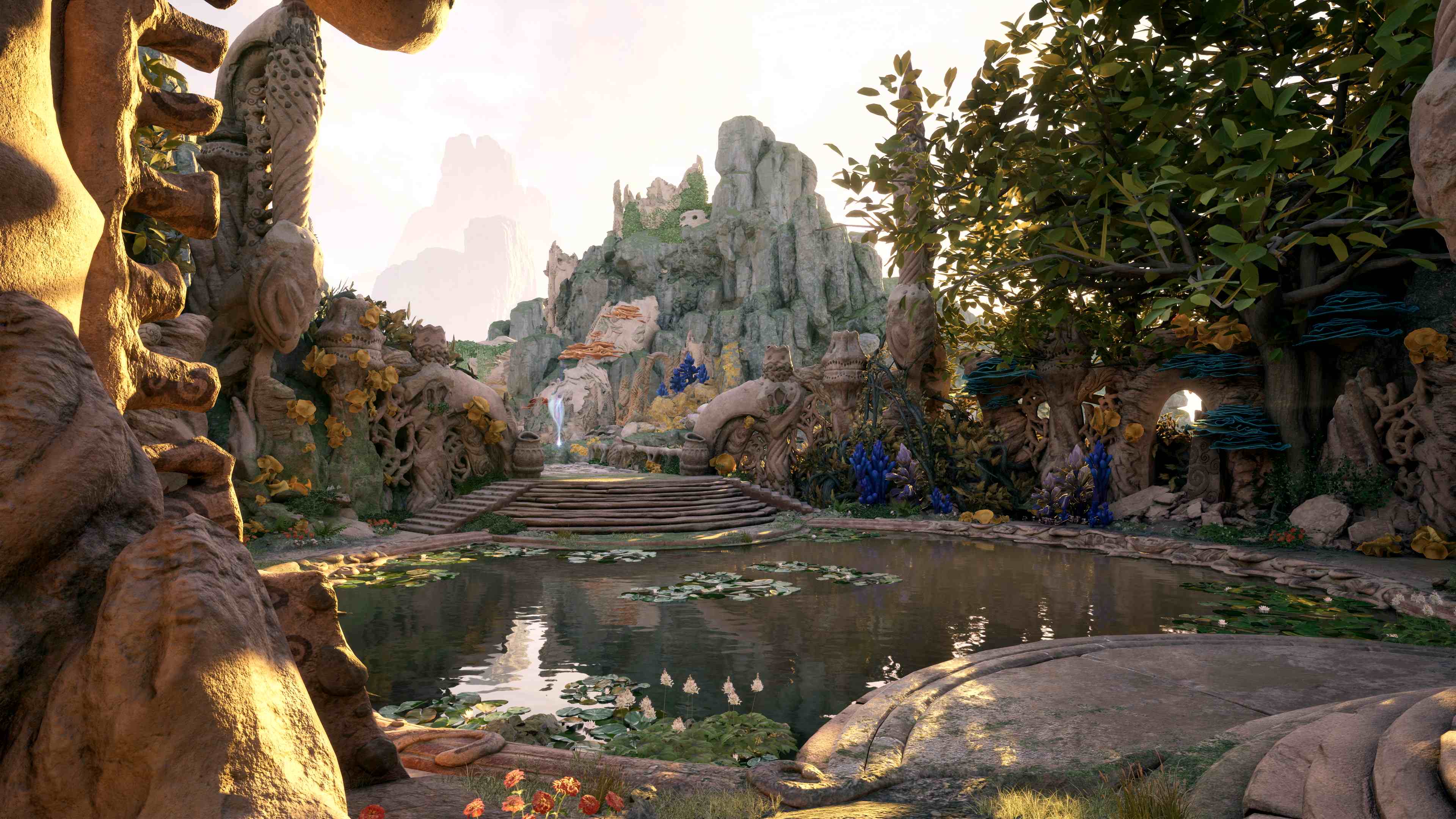 Screenshot of Avowed showing a pond, some ruins, and a mountain in the distance.