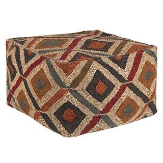 A cube shaped Kelim pouffe with a woven diamond pattern in various earthy colours.
