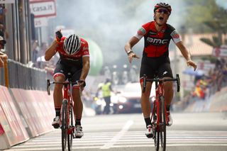 Jasper Stuyven bangs his bars after being beaten by Silvan Dillier on stage 6 of the Giro d'Italia