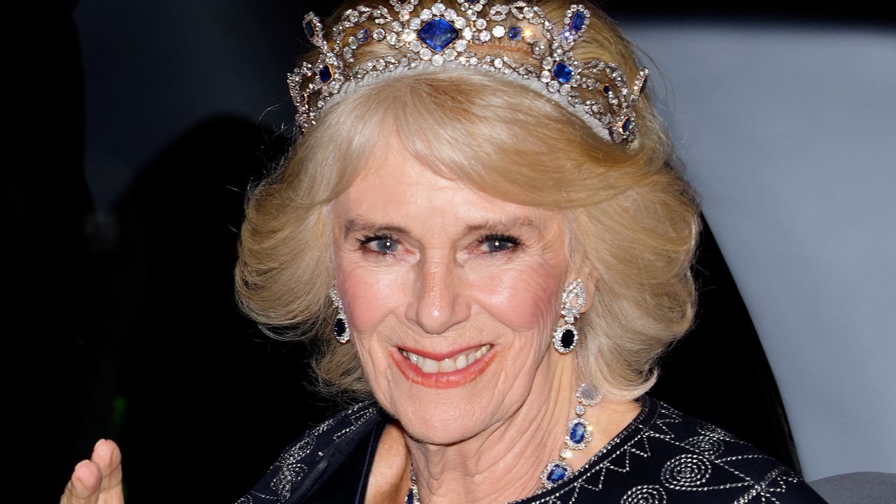 Camilla, Queen Consort arrives at the annual Reception for Members of the Diplomatic Corps at Buckingham Palace on December 6, 2022 in London, England.