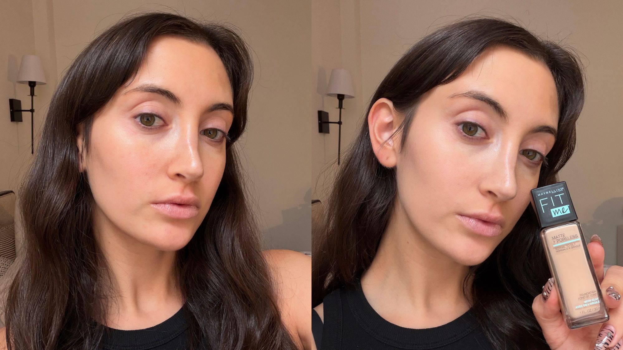 An image of Who What Wear associate beauty editor Alyssa Brascia before and after applying the Maybelline Fit Me Matte + Poreless Liquid Foundation.