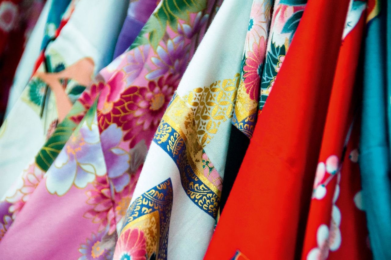 Beautiful cotton fabrics of everyday Japanese kimonos, the national dress of Japan.