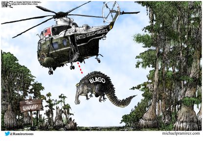 Political Cartoon U.S. Trump Rod Blagojevich pardon swamp alligator helicopter - Michael Ramirez