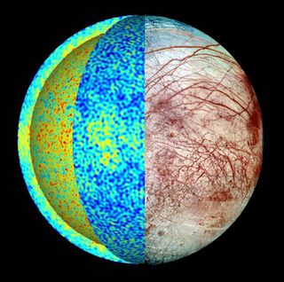 This rendering of Europa shows the temperature field in a simulation of the icy moon's global ocean dynamics, where hot plumes (red) rise from the seafloor and cool fluid (blue) sinks down from the ice-ocean border. 