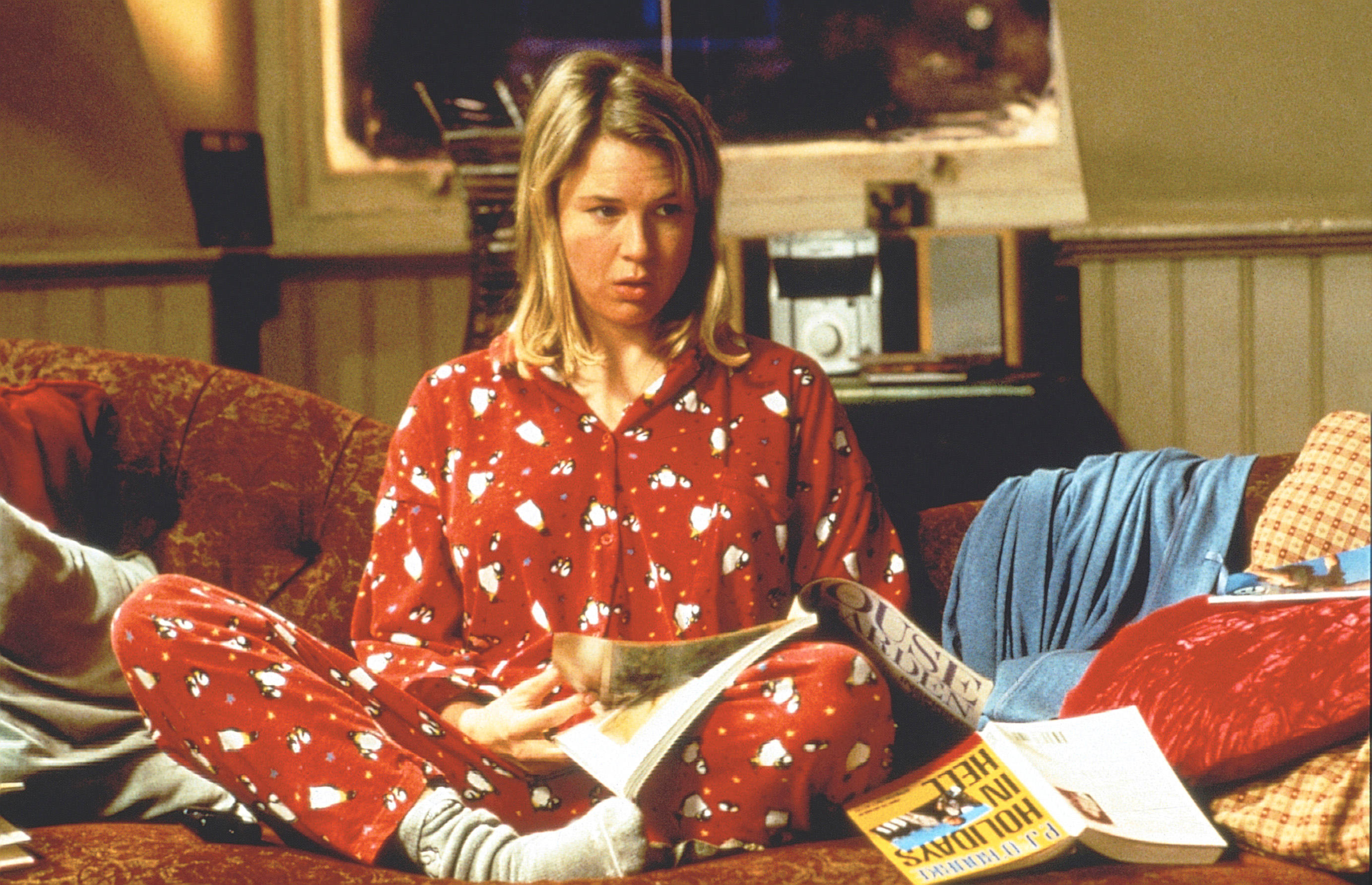 Bridget Jones in red print pyjamas 