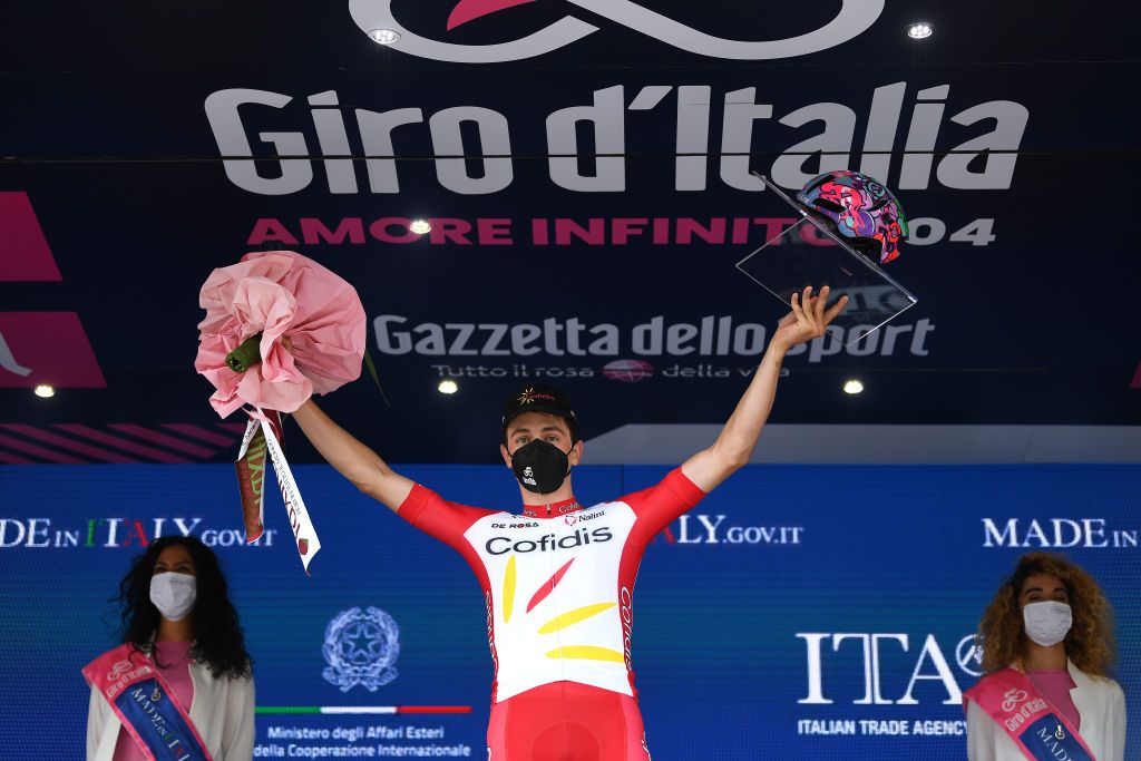 GUARDIA SANFRAMONDI ITALY MAY 15 Victor Lafay of France and Team Cofidis celebrates at podium during the 104th Giro dItalia 2021 Stage 8 a 170km stage from Foggia to Guardia Sanframondi 455m girodiitalia Kask Utopia Giro Helmet designed by MotoGP artist Aldo Drudi to stage winners Giro UCIworldtour on May 15 2021 in Guardia Sanframondi Italy Photo by Tim de WaeleGetty Images