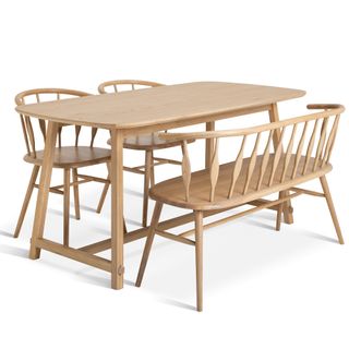 Oak dining room table with two chairs and bench seating