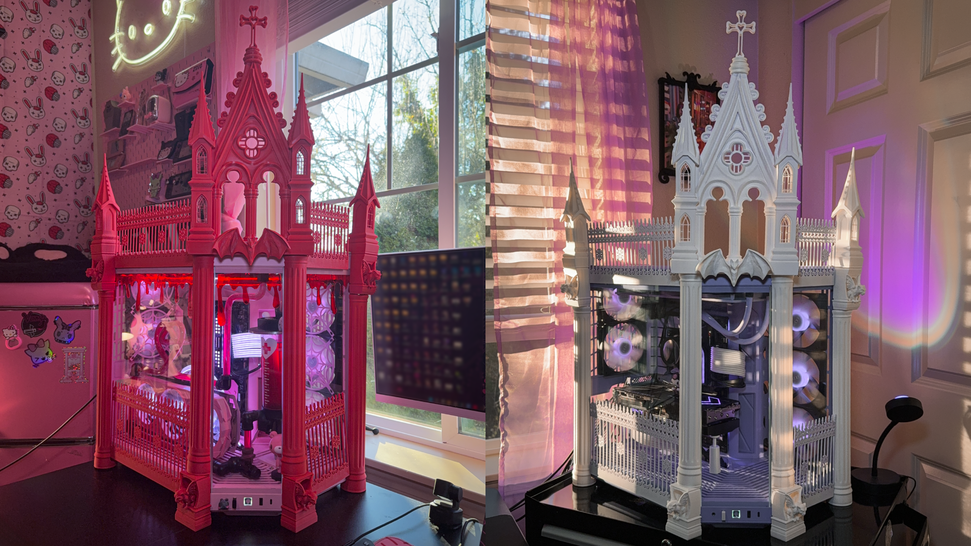 The pink and white Hyte Y70 Touch PC cases, kitted out with a 3D printed gothic cathedral case mod.