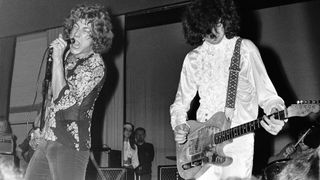 Robert Plant and Jimmy Page (on right) of The New Yardbirds (soon to be re-named Led Zeppelin) perform live on stage at Gladsaxe teen Club in Gladsaxe, Denmark on 7th September 1968. 