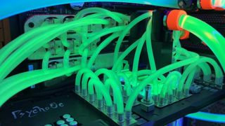 A custom liquid cooled gaming PC with UV fluorescent liquid