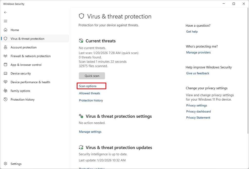 Windows Security scan options