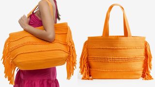 composite of model with h&m orange fringed shopper bag and flat lay