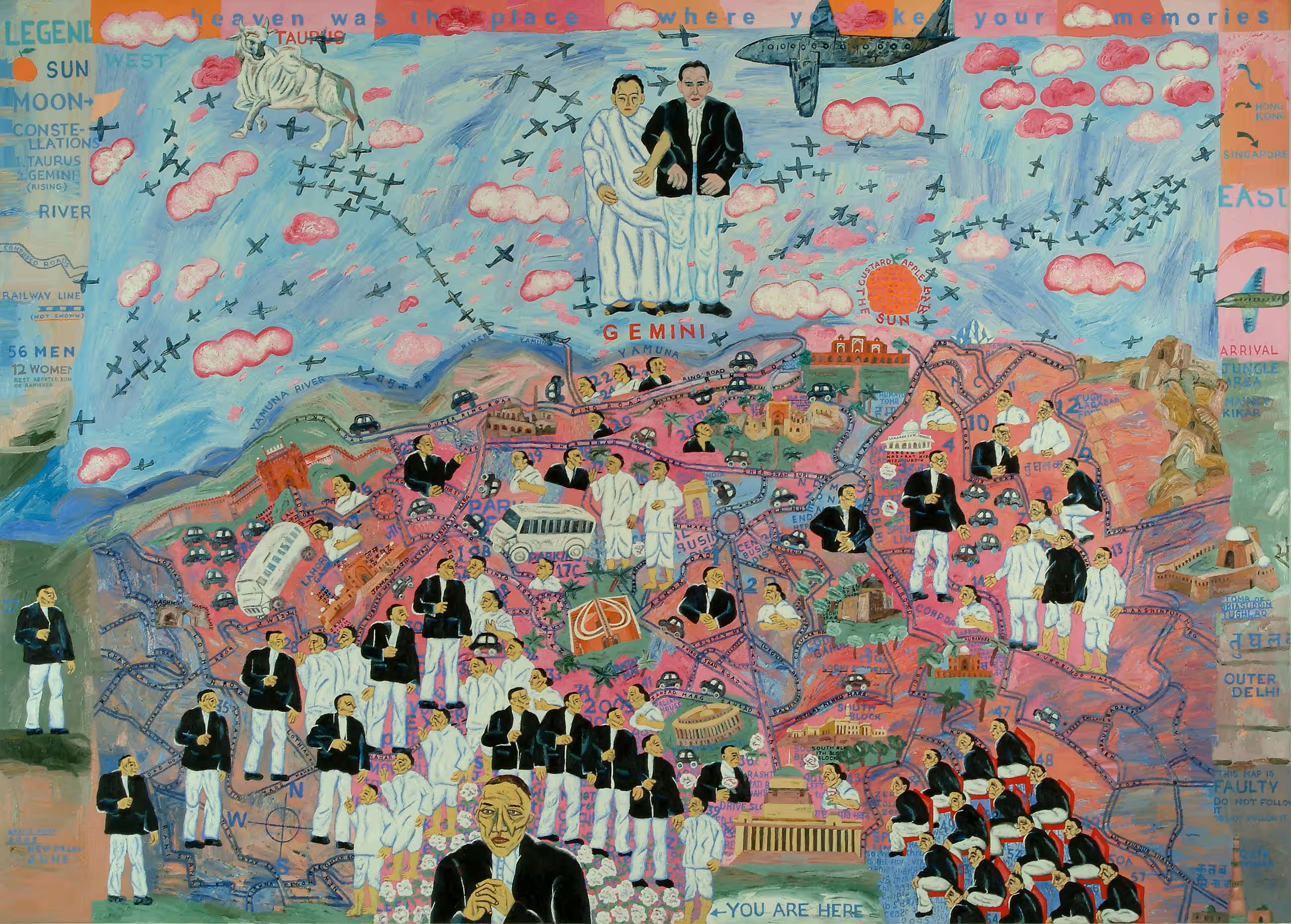 An intricate, colorful painting depicts an aerial view of a city filled with people dressed in black and white tailoed suites, flying planes, and whimsical vehicles.