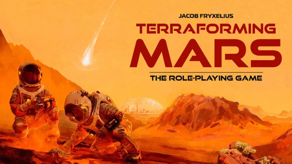 Terraforming Mars TTRPG logo on top art of mars colonists