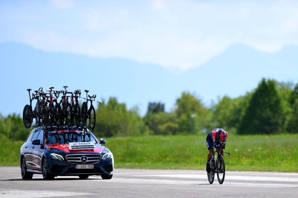 LAUSANNE SWITZERLAND APRIL 26 Brandon Smith Rivera Vargas of Colombia and Team INEOS Grenadiers sprints during the 75th Tour De Romandie 2022 Prologue a 512km individual time trial from Lausanne to Lausanne ITT TDR2022 on April 26 2022 in Lausanne Switzerland Photo by Dario BelingheriGetty Images
