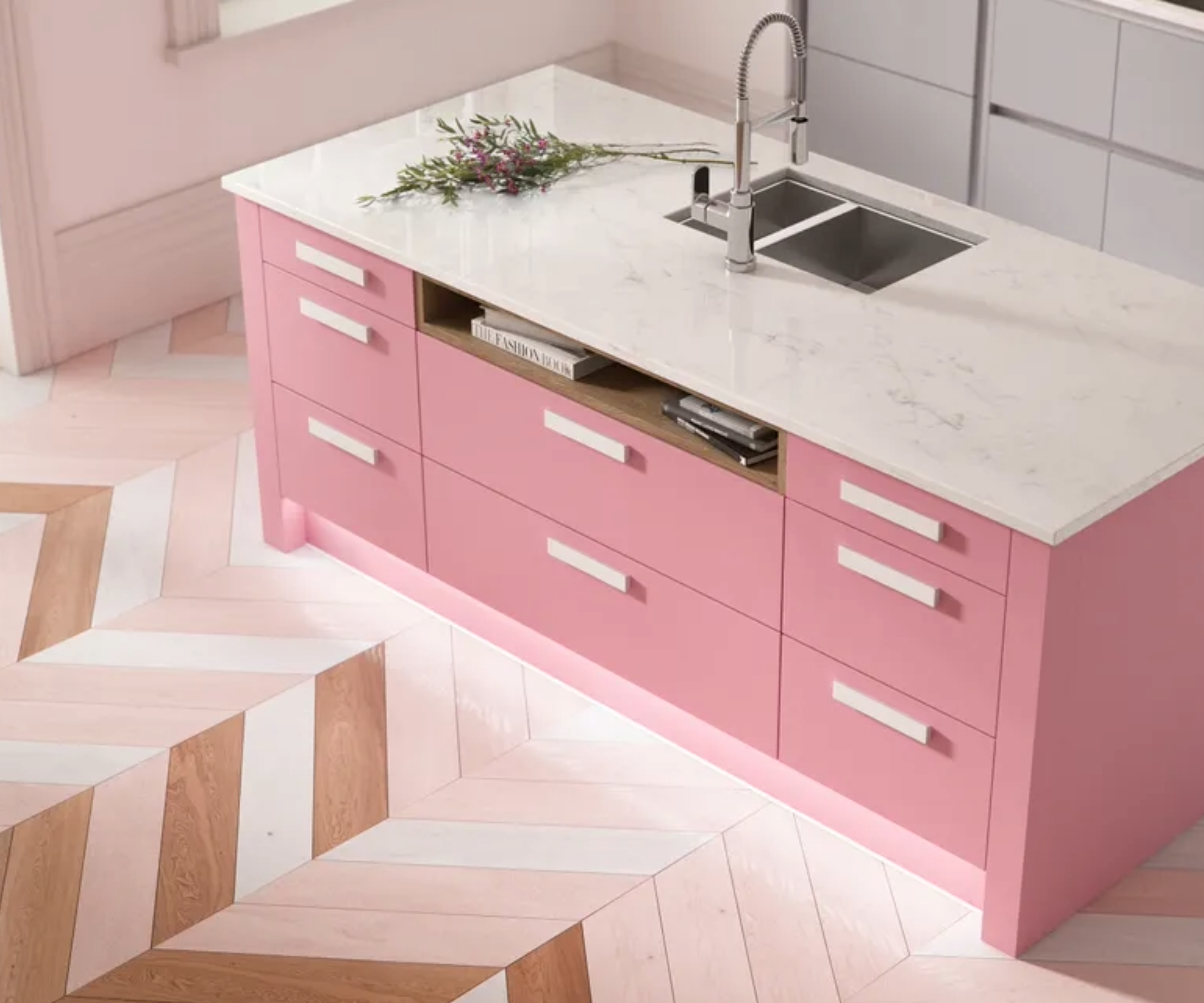 a pink chevron kitchen flooring idea
