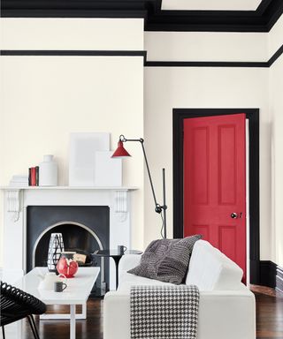 Wall in French Grey Pale Absolute Matt Emulsion £48.50 for 2.5L, Woodwork, Jack Black and Door, Cape Red both Intelligent Eggshell £68 for 2.5L by Little Greene