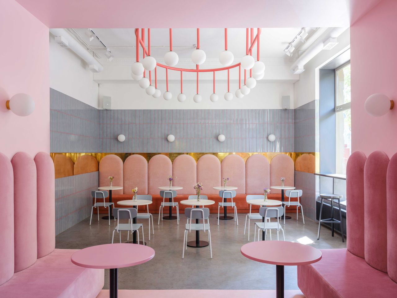 Banquette seating at The Breadway Bakery, Odessa, Ukraine