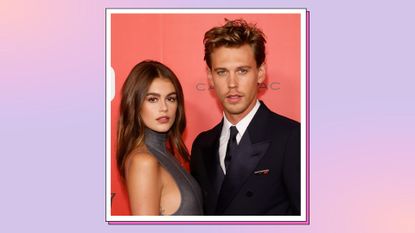 Kaia Gerber and Austin Butler pose together at the 2023 Time100 Gala at Jazz at Lincoln Center on April 26, 2023 in New York City/ in a purple and pink template