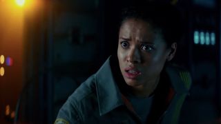 Gugu Mbatha Raw frozen in horror aboard the station in The Cloverfield Paradox.