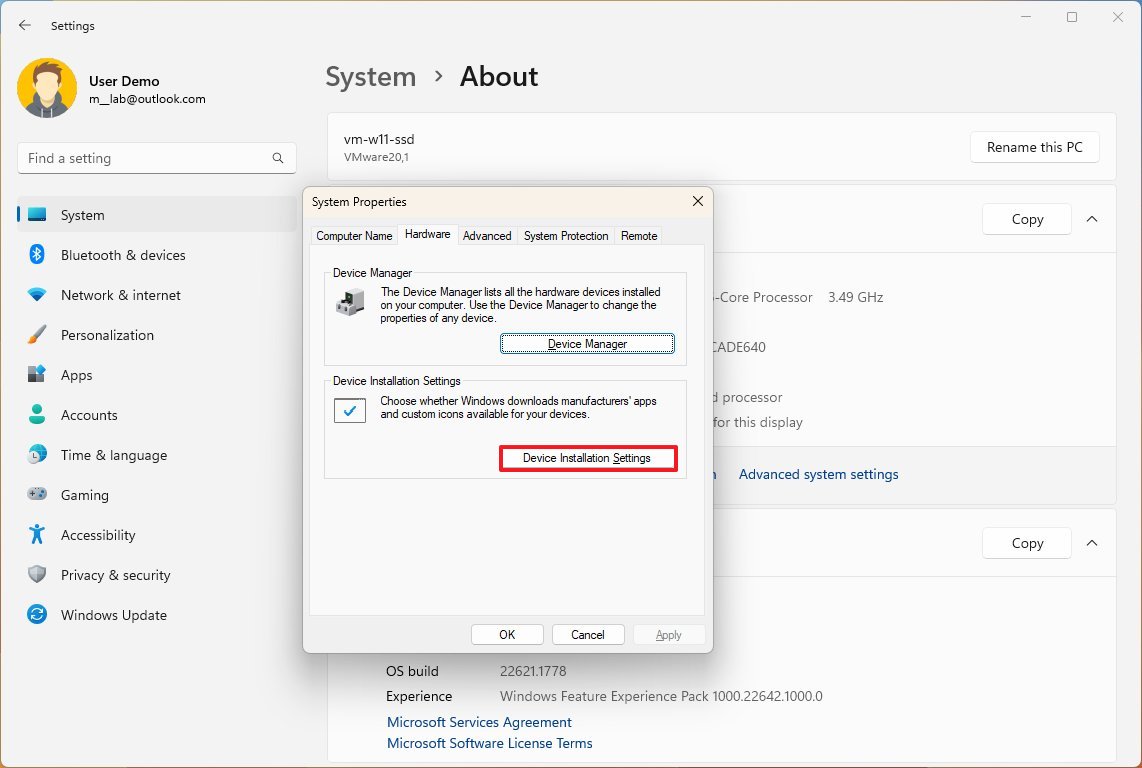 Configuración de instalación del dispositivo