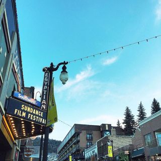 Sundance Film Festival signage and lampost with blue sky