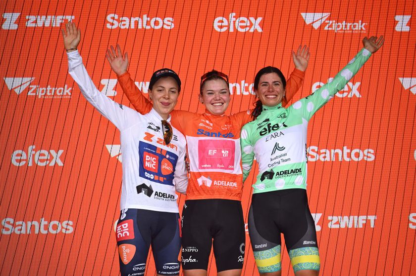 STIRLING, AUSTRALIA - JANUARY 19: (L-R) Eleonora Ciabocco of Italy and Team Picnic PostNL - White Best Young Rider Jersey, Noemi Ruegg of Switzerland and Team EF Education-Oatly - Orange Santos Leader&amp;apos;s Jersey and Alyssa Polites of Australia and ARA Australian Cycling Team - Polka Dot Mountain Jersey celebrate at podium during the 9th Santos Women&amp;apos;s Tour Down Under 2025, Stage 3 a 105.9km stage from Stirling to Stirling 444m / #UCIWWT / on January 19, 2025 in Stirling, Australia. (Photo by Dario Belingheri/Getty Images)