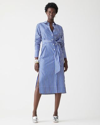 Long-Sleeve Button-Up Shirtdress in Striped Cotton Poplin