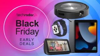 Apple iPad 10.2, Apple Watch SE, iRobot Roomba J9 and Amazon Echo Show 5 on a pink background, next to a logo that reads 'TechRadar Black Friday early deals'