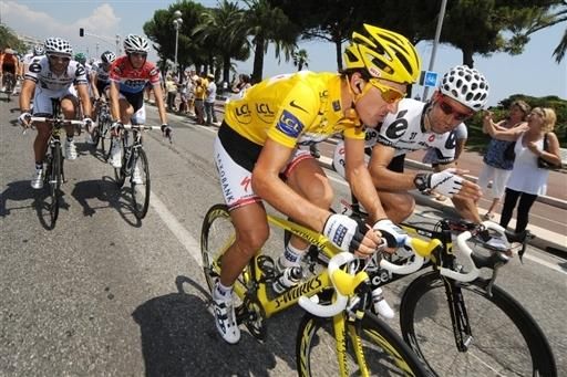 Fabian Cancellara (Saxo Bank) rides in the Tour de France leader's yellow jersey.