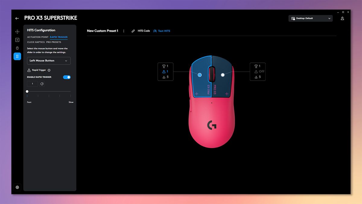The Logitech G Hub software being used to customize the Pro X3 SuperStrike