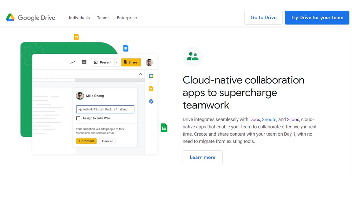 Google Drive's webpage discussing collaborative features