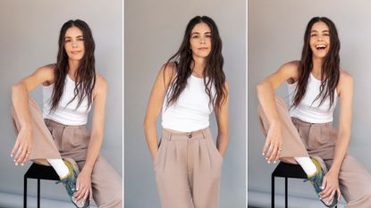 a collage of Molly Dickson wearing a tank top and khaki pants in front of a gray wall