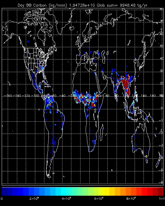 These biomass-burning emission data from March to April 2010 show fires occurring over Southeast Asia. Black carbon emissions from these fires can be transported long distances eastward across the Pacific