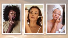 On the left a woman with curly hair is seen applying lipstick, alongside a women looking at her reflection and applying blush and finally, a woman sitting in a towel, applying highlighter to her brow bone/ in a cream and purple sunset-like 3-picture template