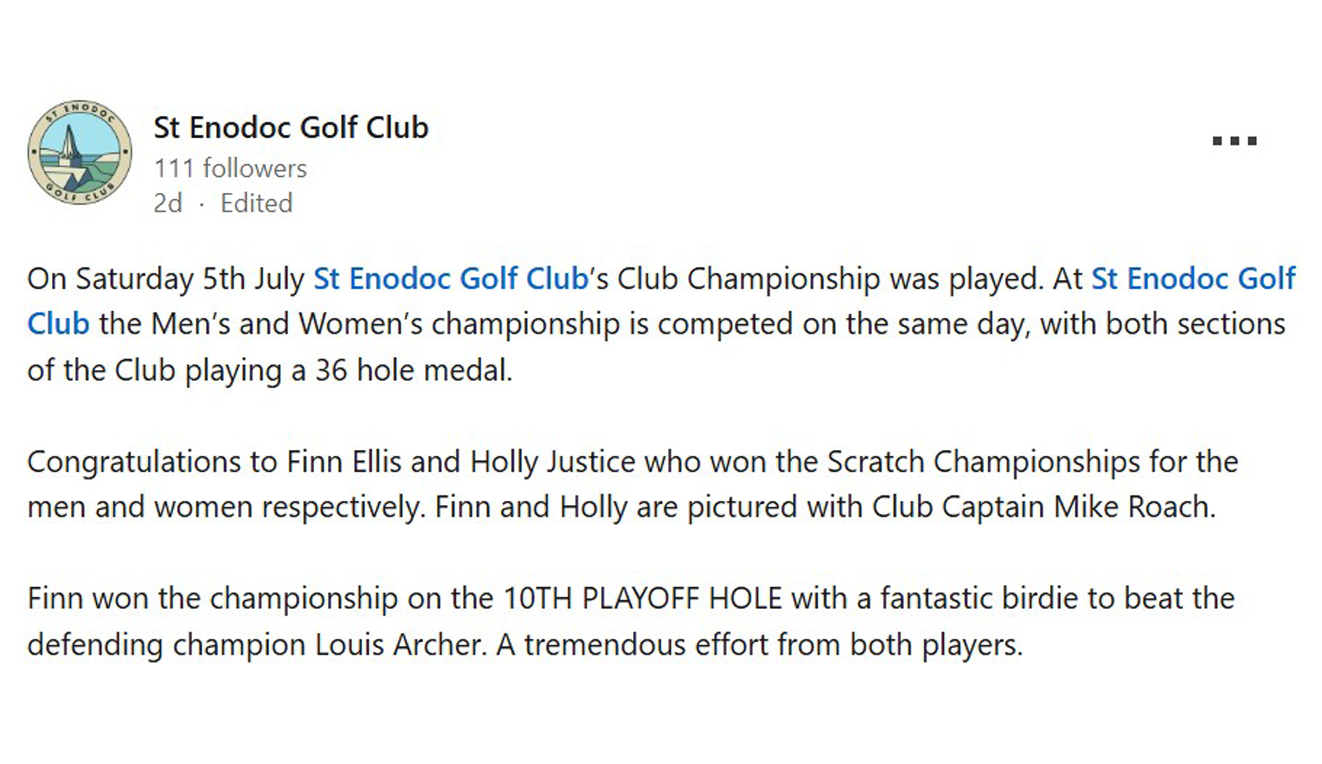 A LinkedIn post from St Enodoc