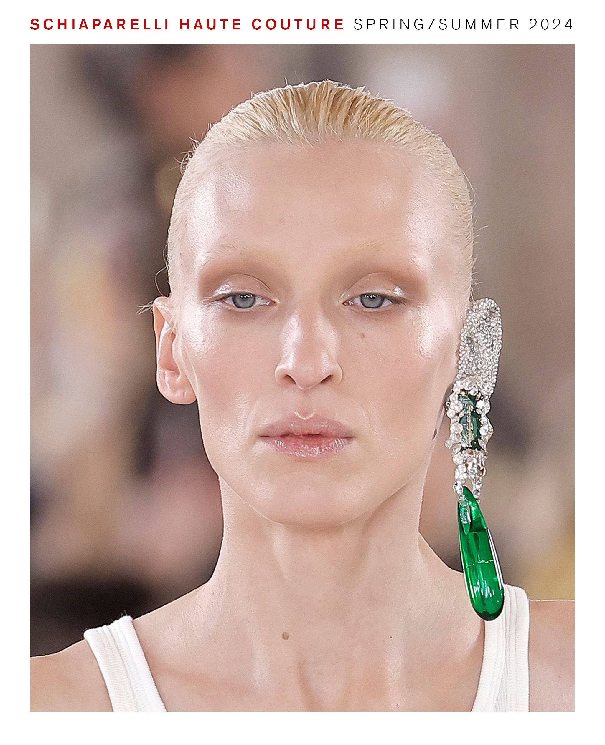 Model wearing Pat McGrath makeup look for Schiaparelli haute couture spring/summer 2024 show.