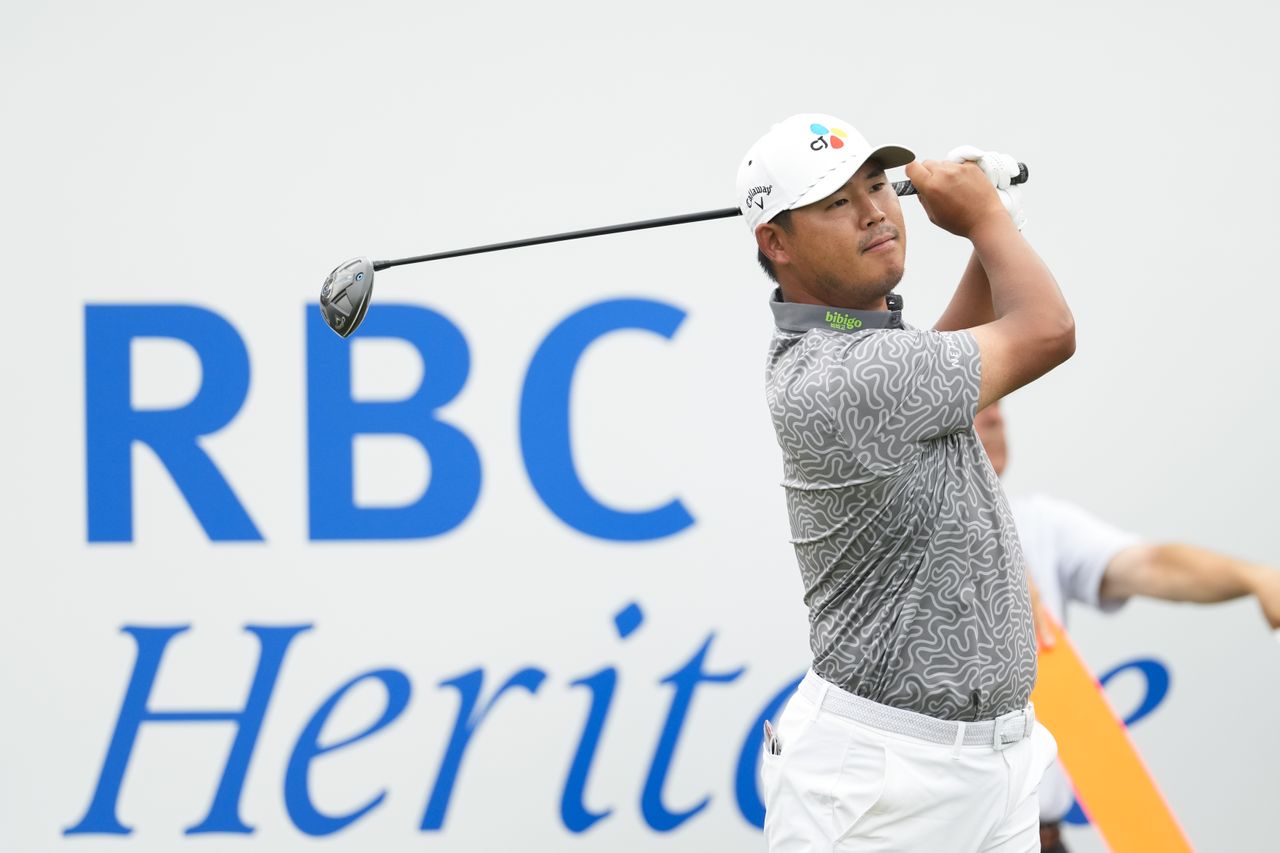 Si Woo Kim on the first tee during the final round of RBC Heritage at Harbour Town Golf Links