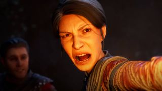 A screenshot from the Path of Exile 2 opening cinematic trailer, showing a woman shouting.