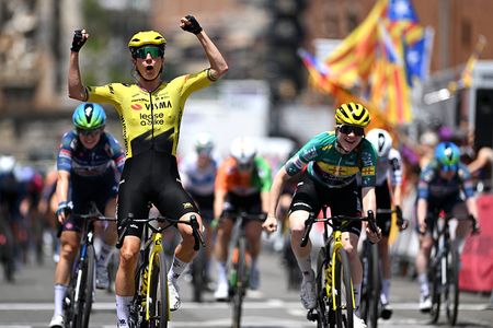 BARCELONA, SPAIN - JUNE 21: Marianne Vos of Netherlands and Team Visma | Lease a Bike celebrates at finish line as stage winner with her teammate Maud Oudeman of Netherlands and Team Visma | Lease a Bike - Green points jersey as second place winner during the 5th Volta Ciclista a Catalunya Femenina 2026, Stage 3 a 111.4km stage from Mataro to Barcelona on June 21, 2026 in Barcelona, Spain. (Photo by Szymon Gruchalski/Getty Images)