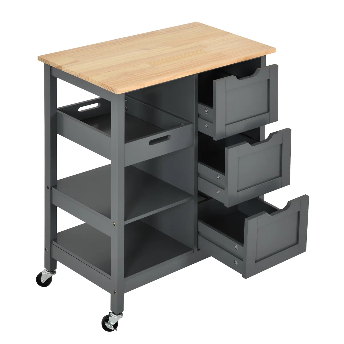 A rolling kitchen cart with shelves and drawers, and a wooden worktop