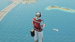 An image of Hitman 2's Agent 47, standing in mid-air over the ocean.