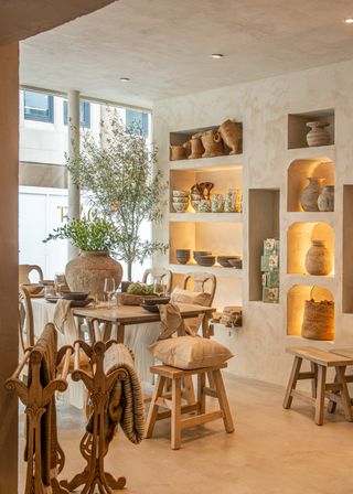 A cafe and homeware shop features organic furniture and tableware.