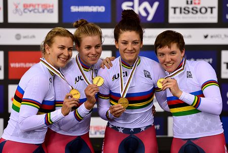 Sarah Hammer (L), Jennifer Valente (2nd L), Chloe Dygert (2nd R) and Kelly Catlin (R) of USA celebrate their gold medal after winning the Women's Team Pursuit Final